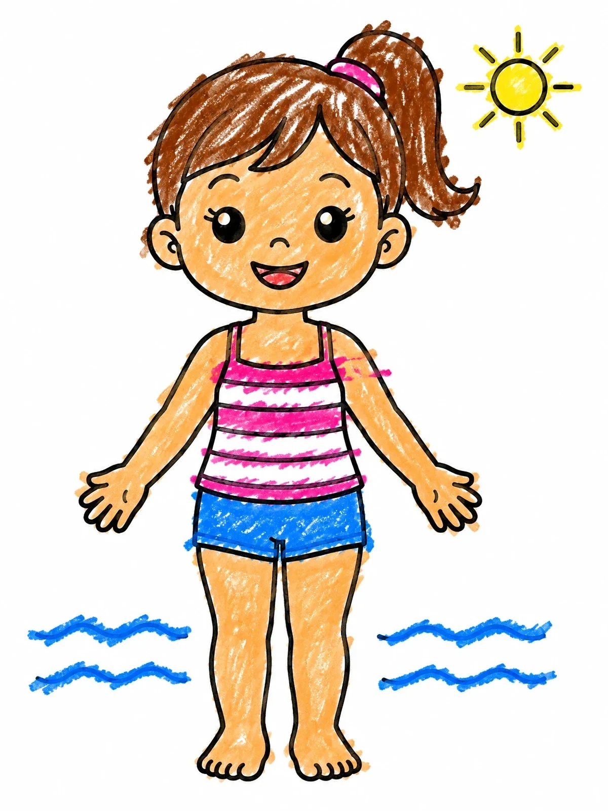 Colored example of the Cheerful Girl In Striped Tankini coloring page