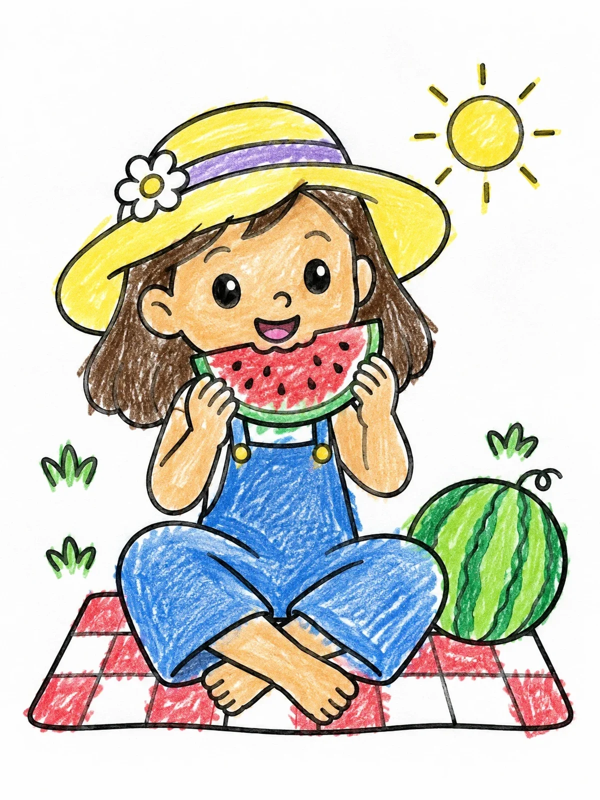 Colored example of the Girl In Overalls Eating Watermelon coloring page