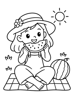 Free printable Girl In Overalls Eating Watermelon coloring page