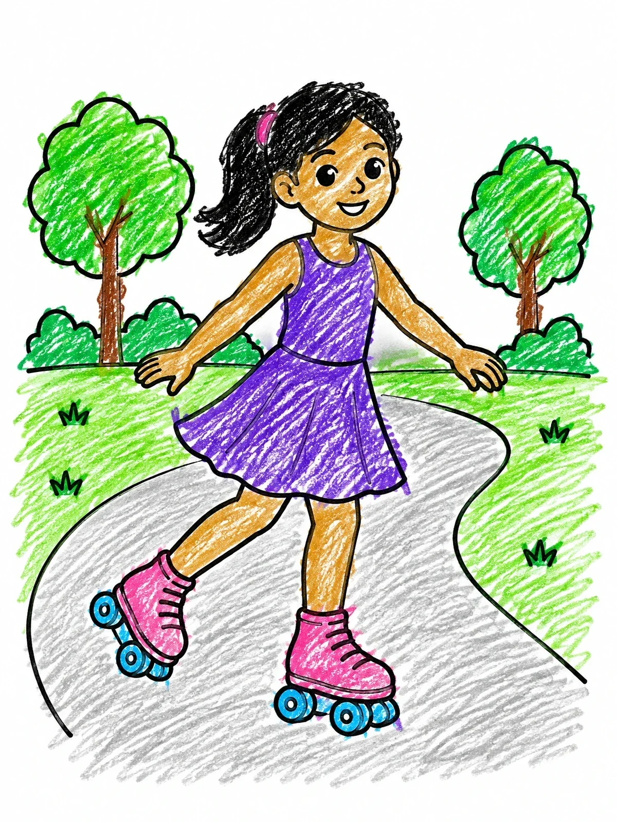 Colored example of the Girl Roller Skating In The Park coloring page