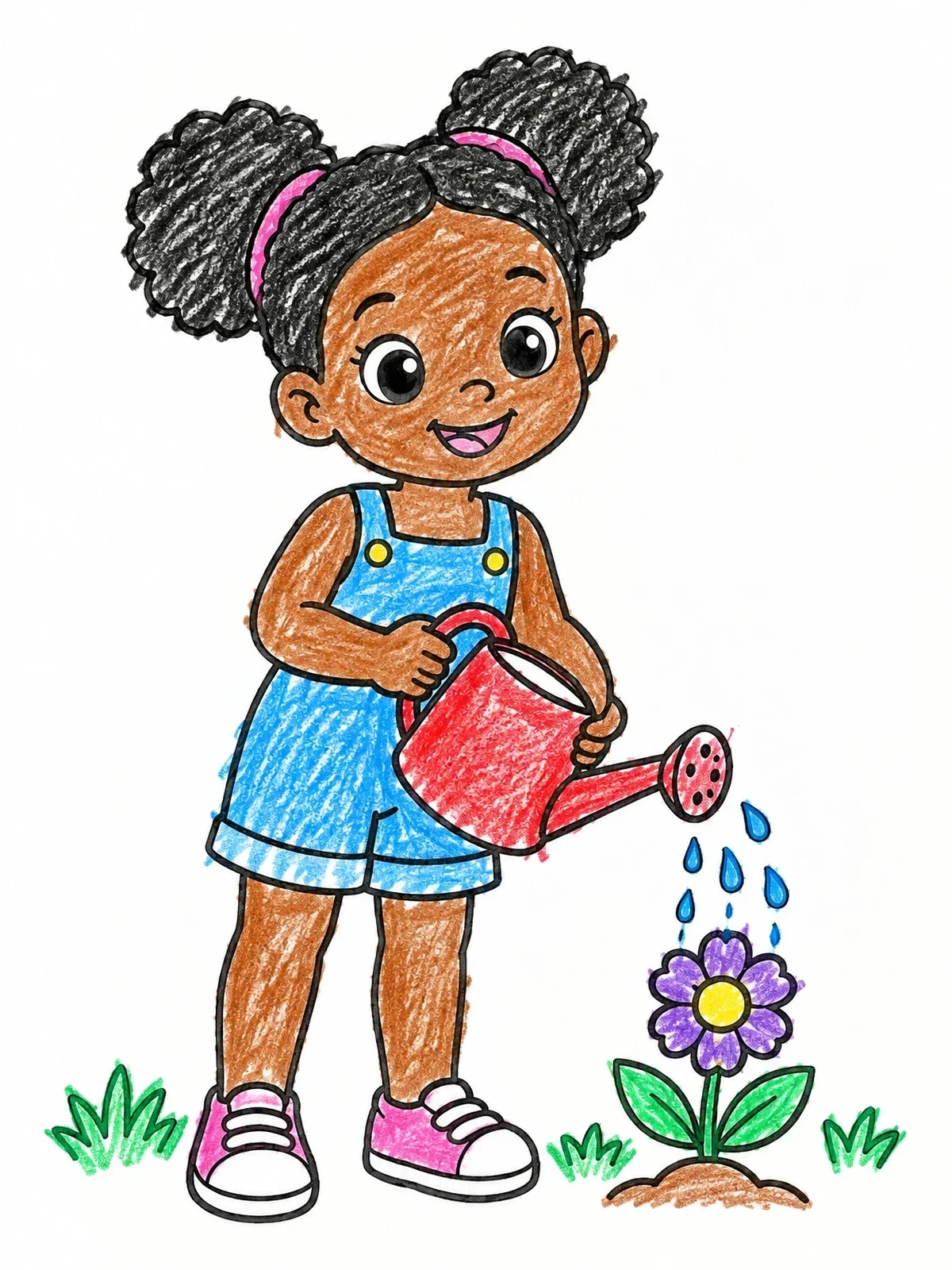 Colored example of the Little Girl Watering A Flower coloring page