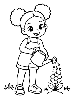 Free printable Little Girl Watering A Flower coloring page