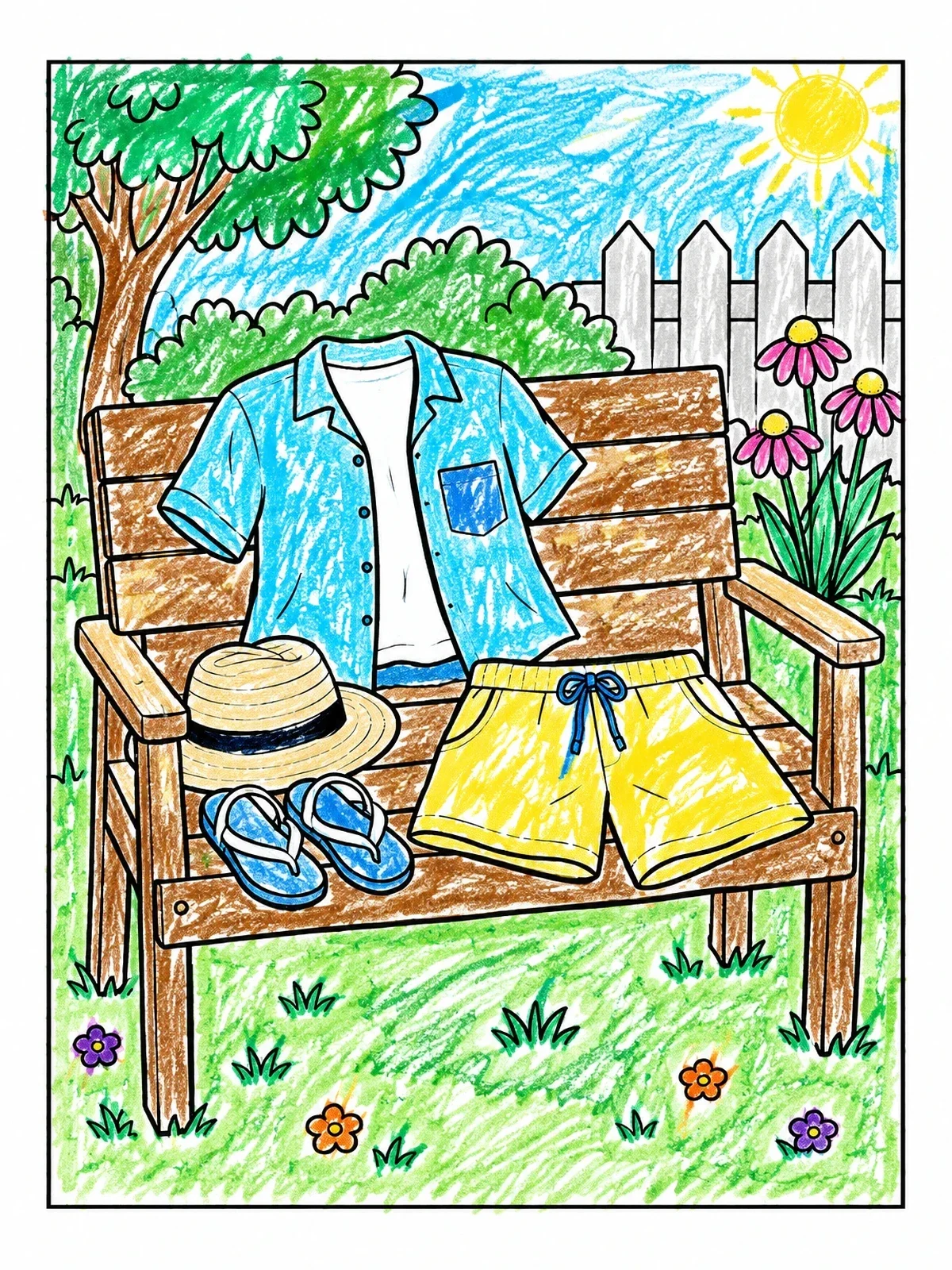 Colored example of the Summer Outfit On Garden Bench coloring page
