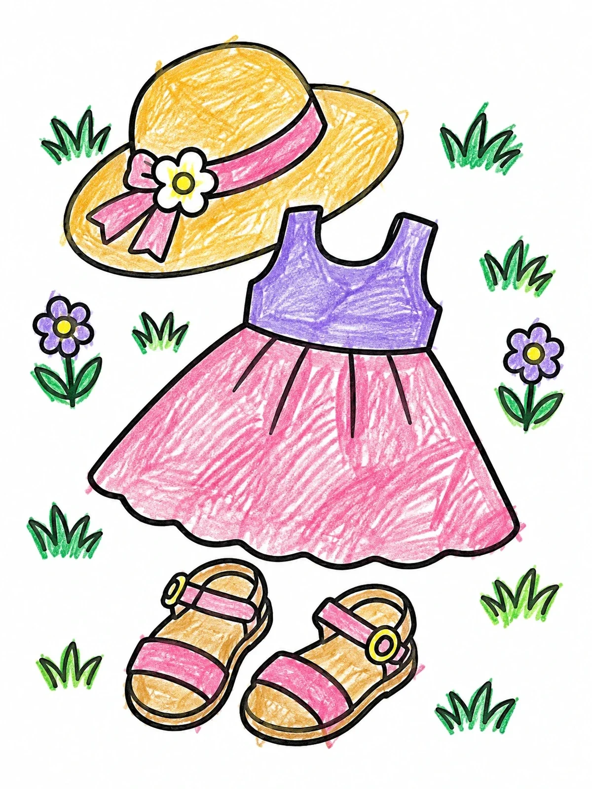 Colored example of the Summer Dress And Sun Hat Outfit coloring page