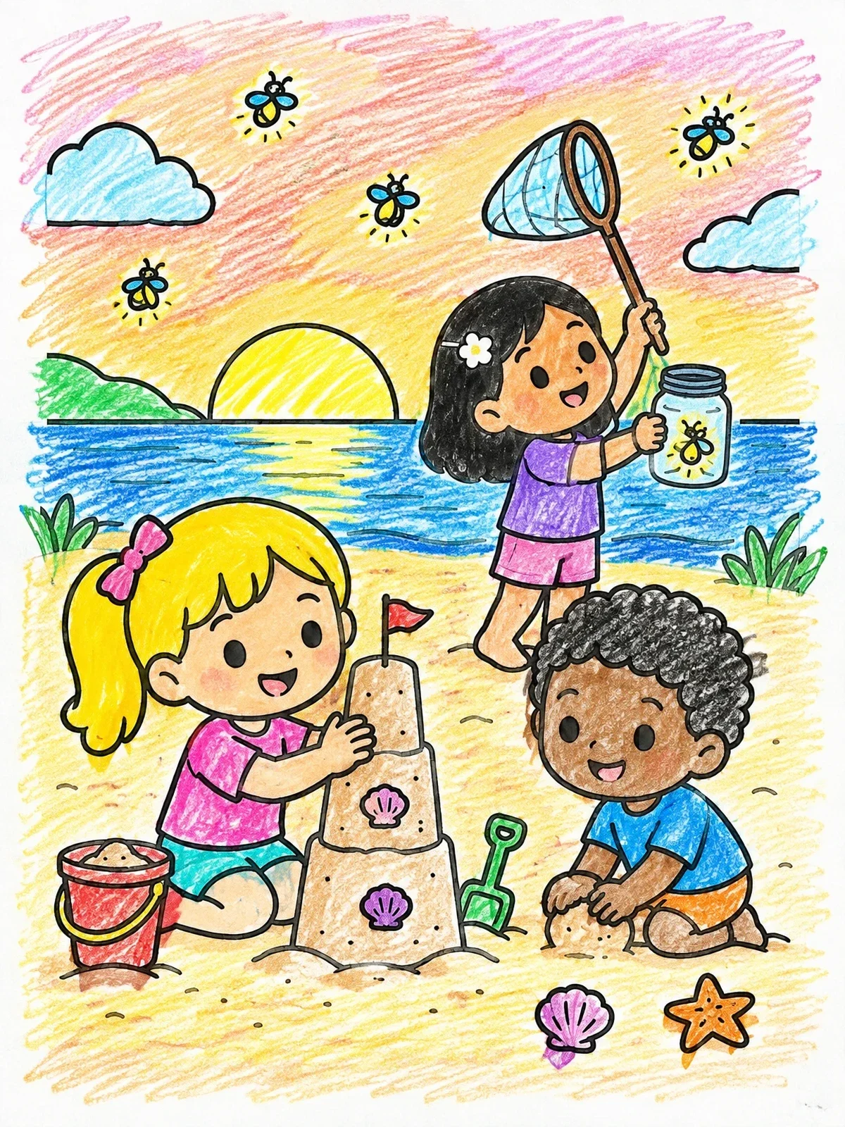 Colored example of the Children Playing On The Beach At Sunset coloring page