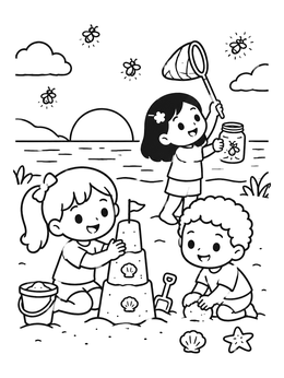 Kids build a sandcastle and catch fireflies in this summer kawaii coloring page.