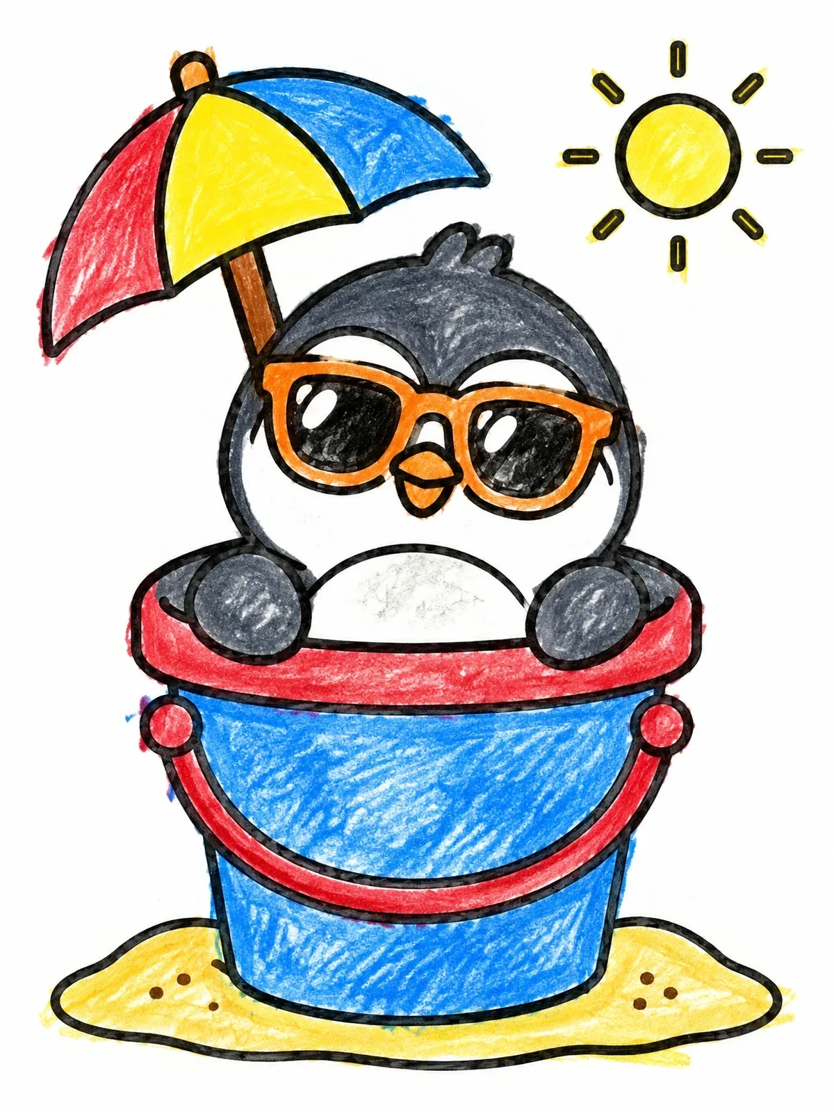 Colored example of the Cool Penguin In Beach Bucket coloring page