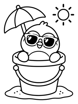A summer kawaii coloring page of a cool little bird wearing sunglasses inside a sand bucket under an umbrella.