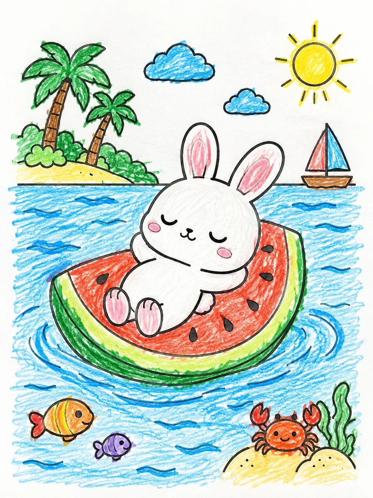 Colored example of the Cute Bunny On Watermelon Float coloring page