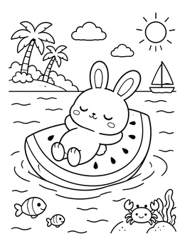 A peaceful bunny relaxes at the beach in this summer kawaii coloring page.