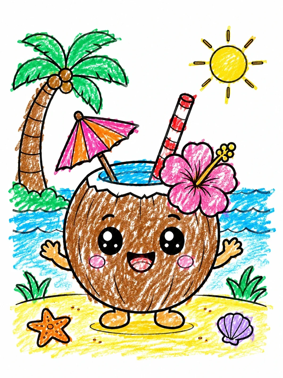 Colored example of the Cute Coconut Drink On The Beach coloring page