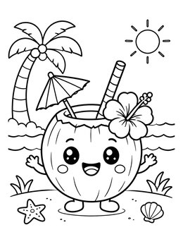 A cheerful coconut drink on the beach in this summer kawaii coloring page.