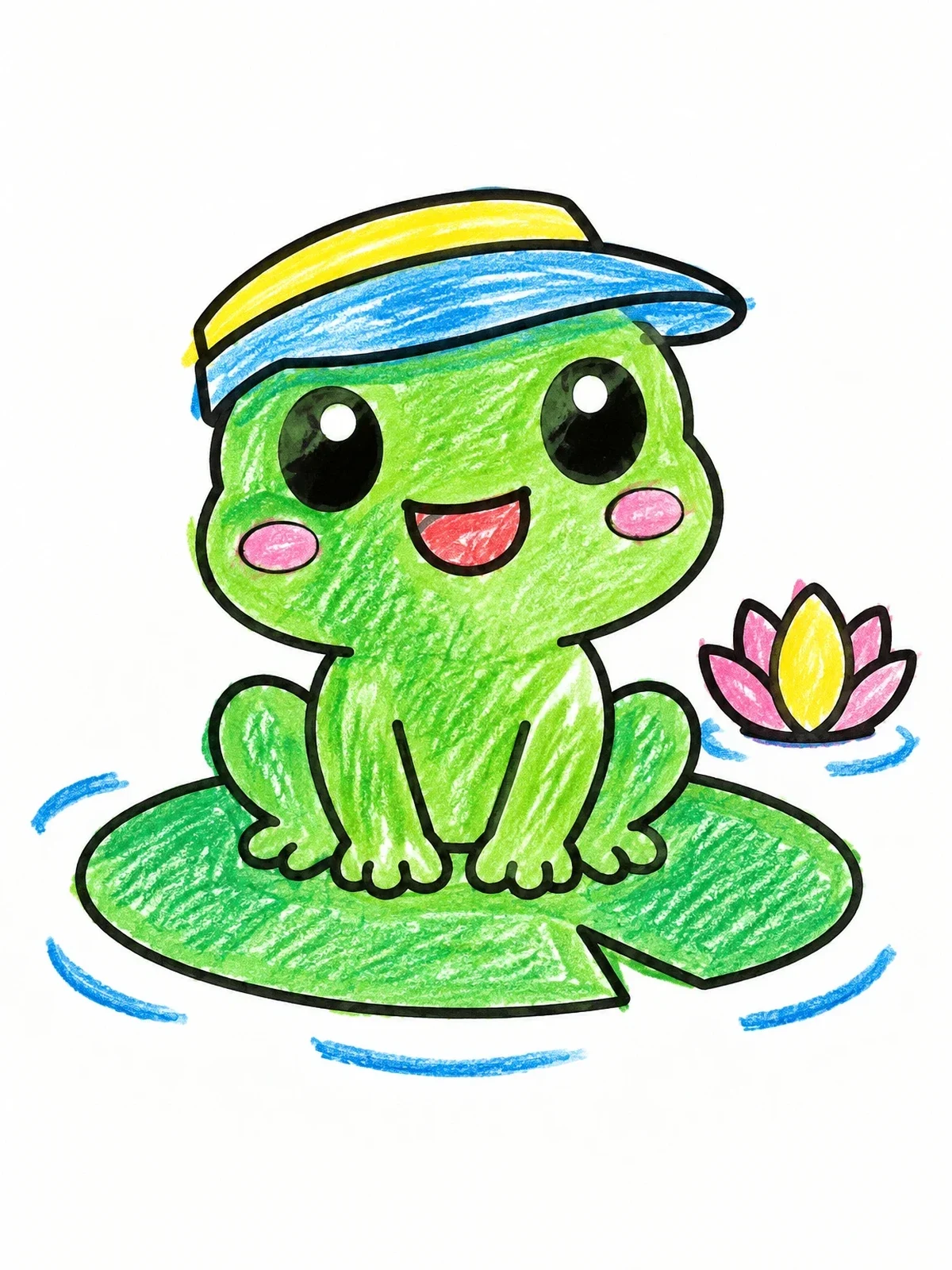 Colored example of the Cute Frog Wearing A Sun Visor coloring page