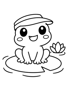 A summer kawaii coloring page showing a happy little frog in a visor sitting on a lily pad.