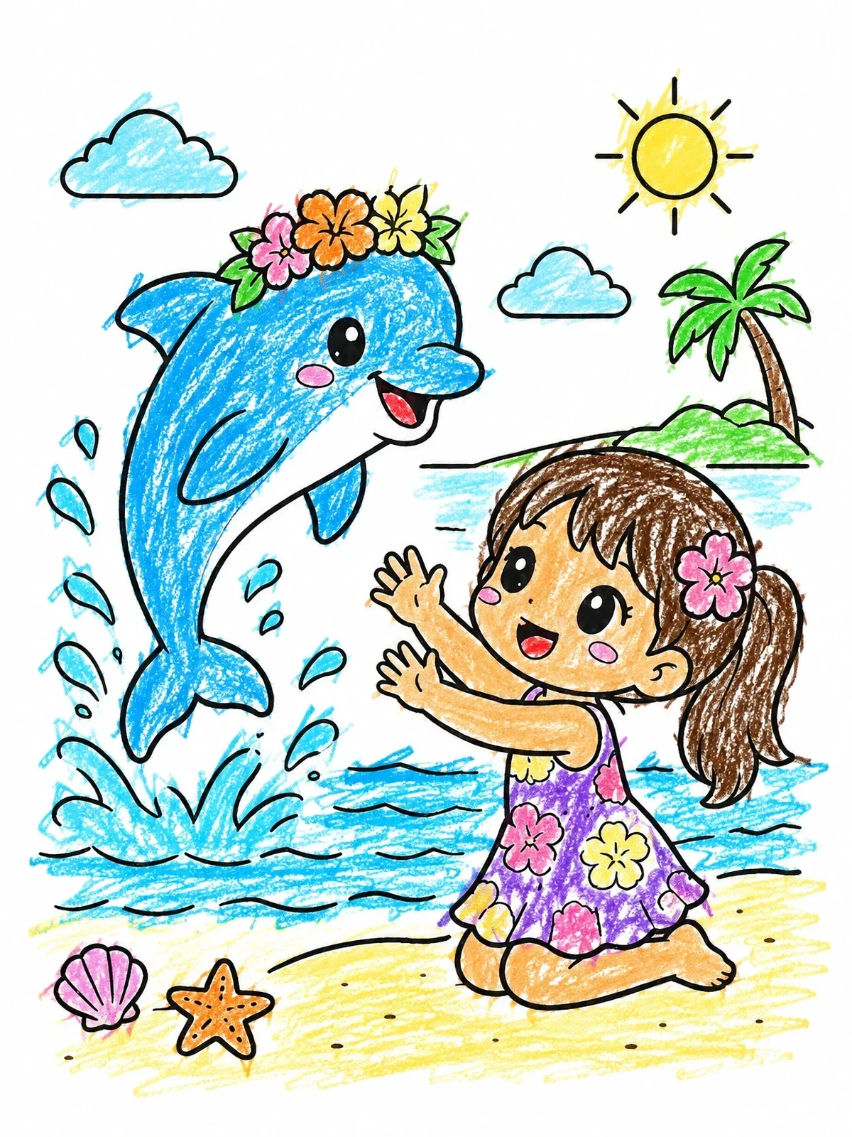 Colored example of the Cute Girl And Leaping Dolphin At The Beach coloring page