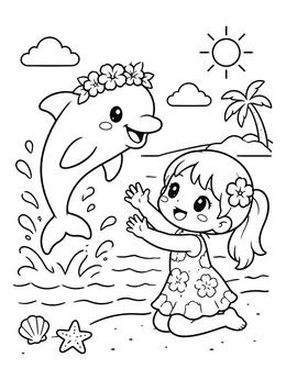 A cheerful girl watches a baby dolphin jump from the ocean on this summer kawaii coloring page.