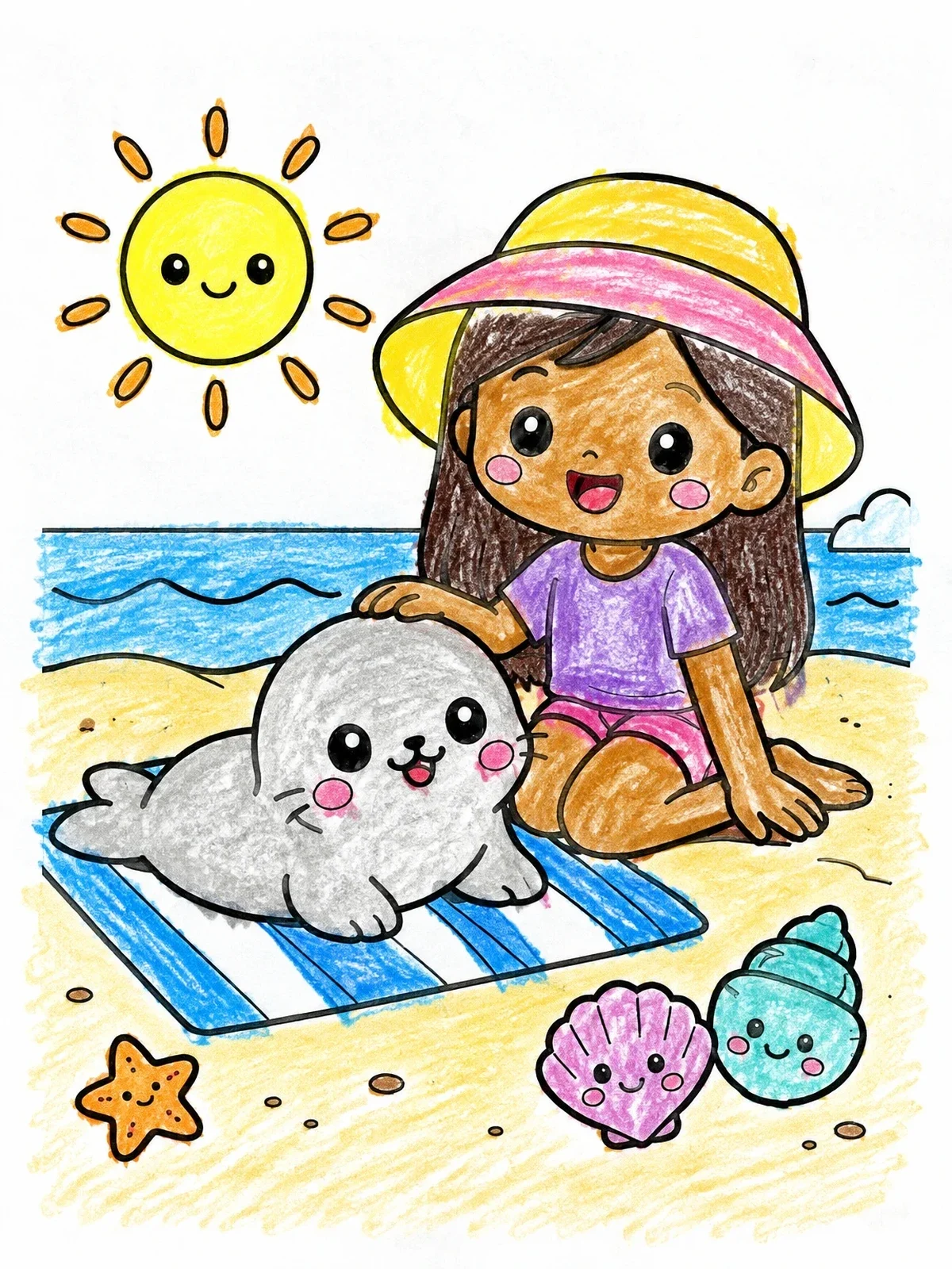 Colored example of the Cute Girl And Baby Seal On Beach coloring page