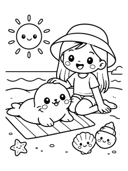 A smiling girl and baby seal on a summer kawaii coloring page at the beach.