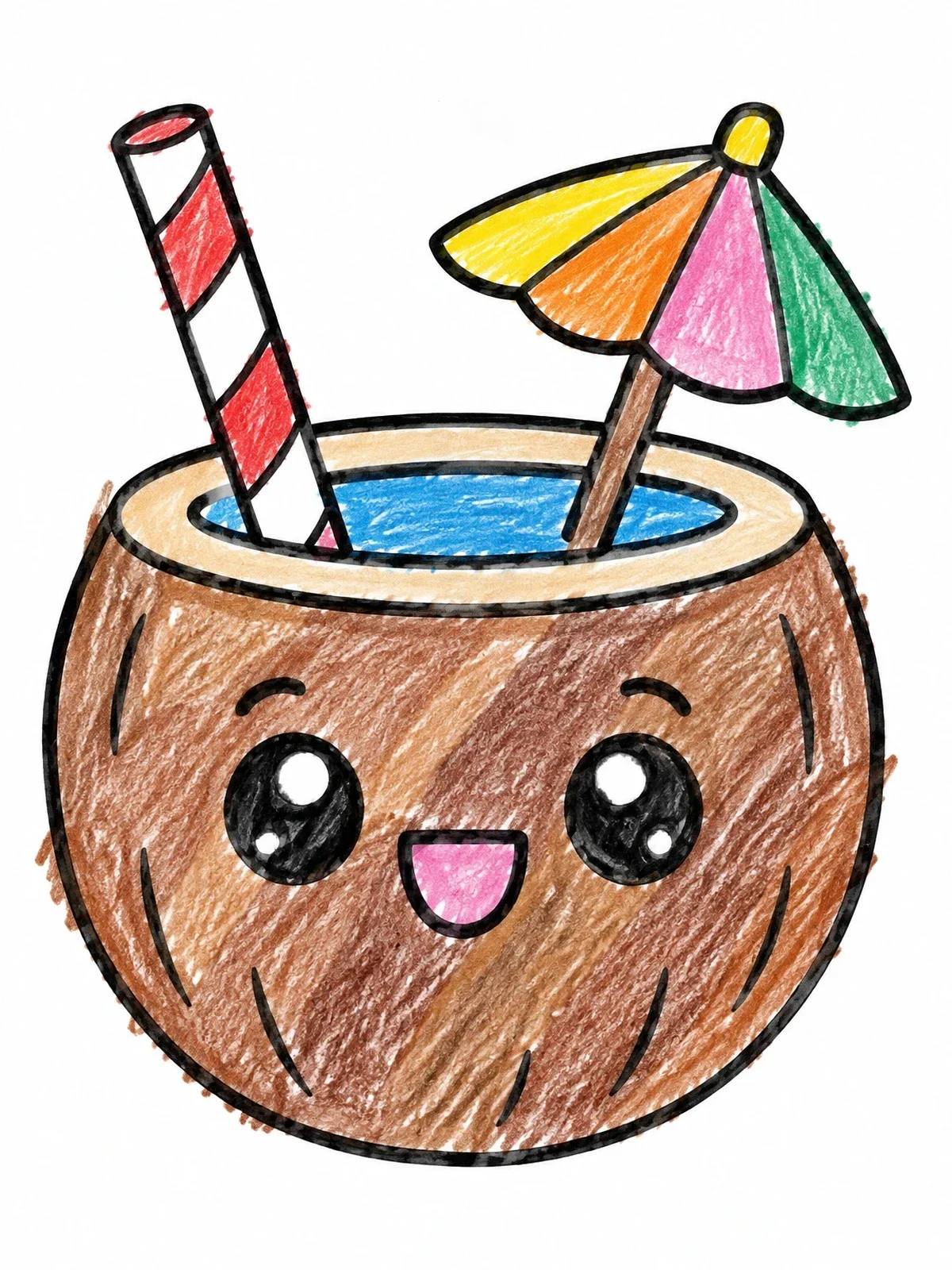 Colored example of the Cute Kawaii Coconut Drink coloring page