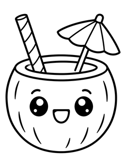 A summer kawaii coloring page featuring a smiling coconut drink with an umbrella and straw.