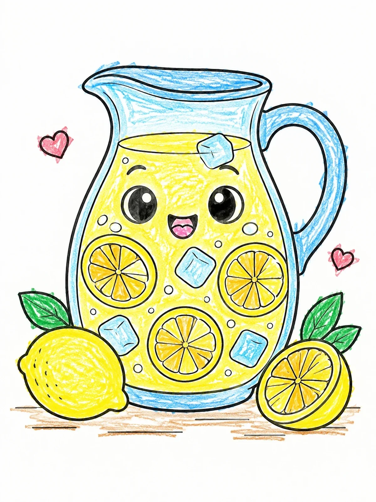 Colored example of the Cute Lemonade Pitcher With Citrus Slices coloring page