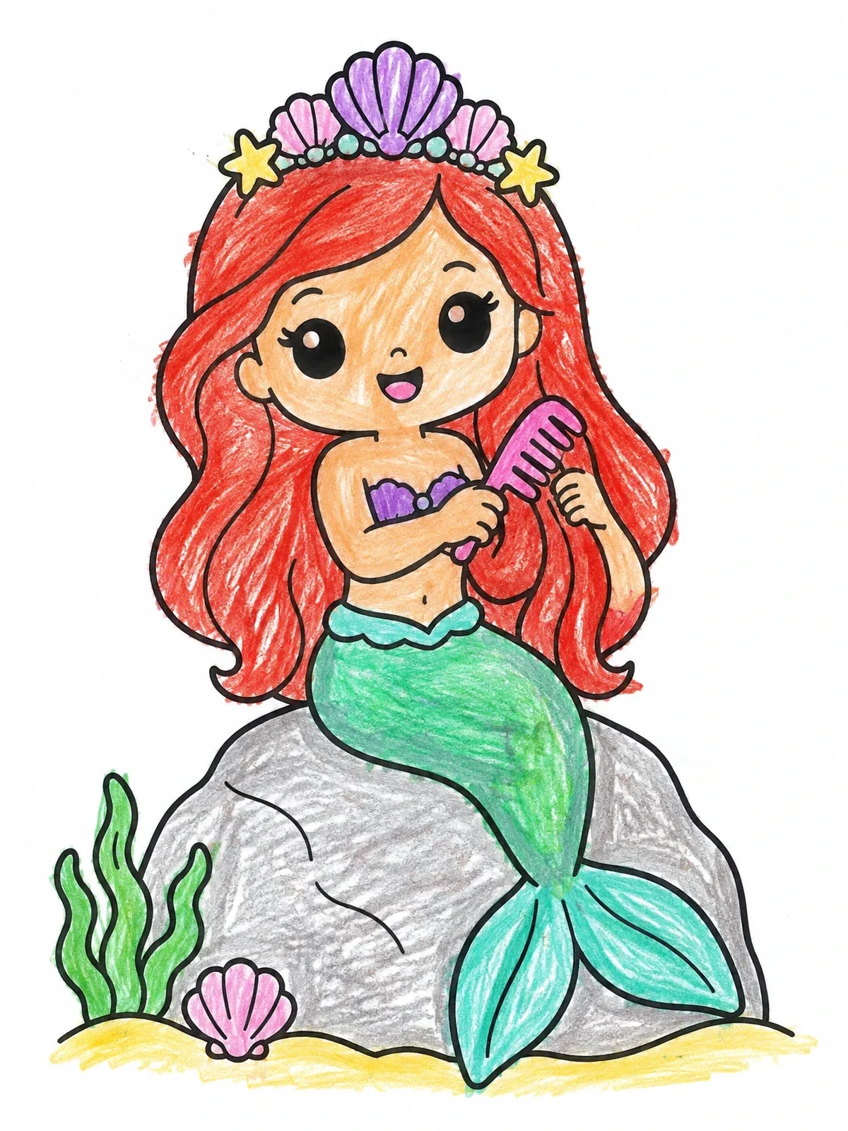Colored example of the Cute Mermaid Combing Hair On Rock coloring page