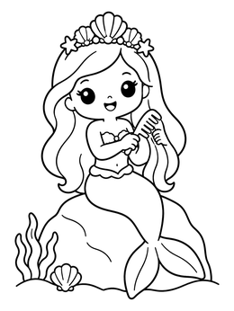 A sweet summer kawaii coloring page featuring a chibi mermaid on a rock brushing her hair.