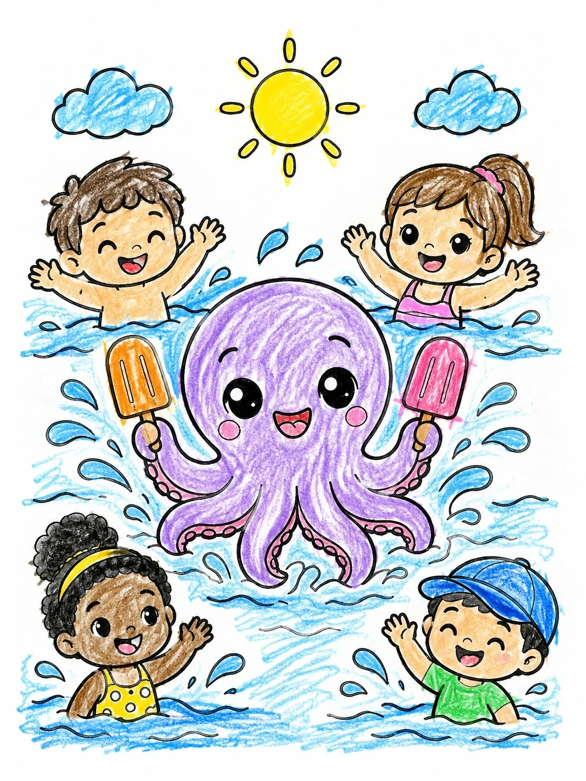 Colored example of the Cute Octopus And Splashing Children coloring page