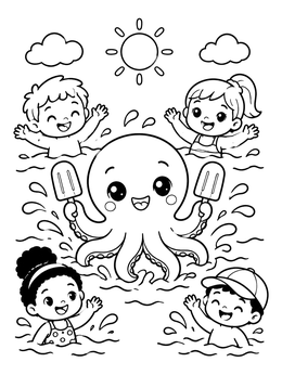 A cheerful octopus with ice pops and swimming kids in a summer kawaii coloring page.