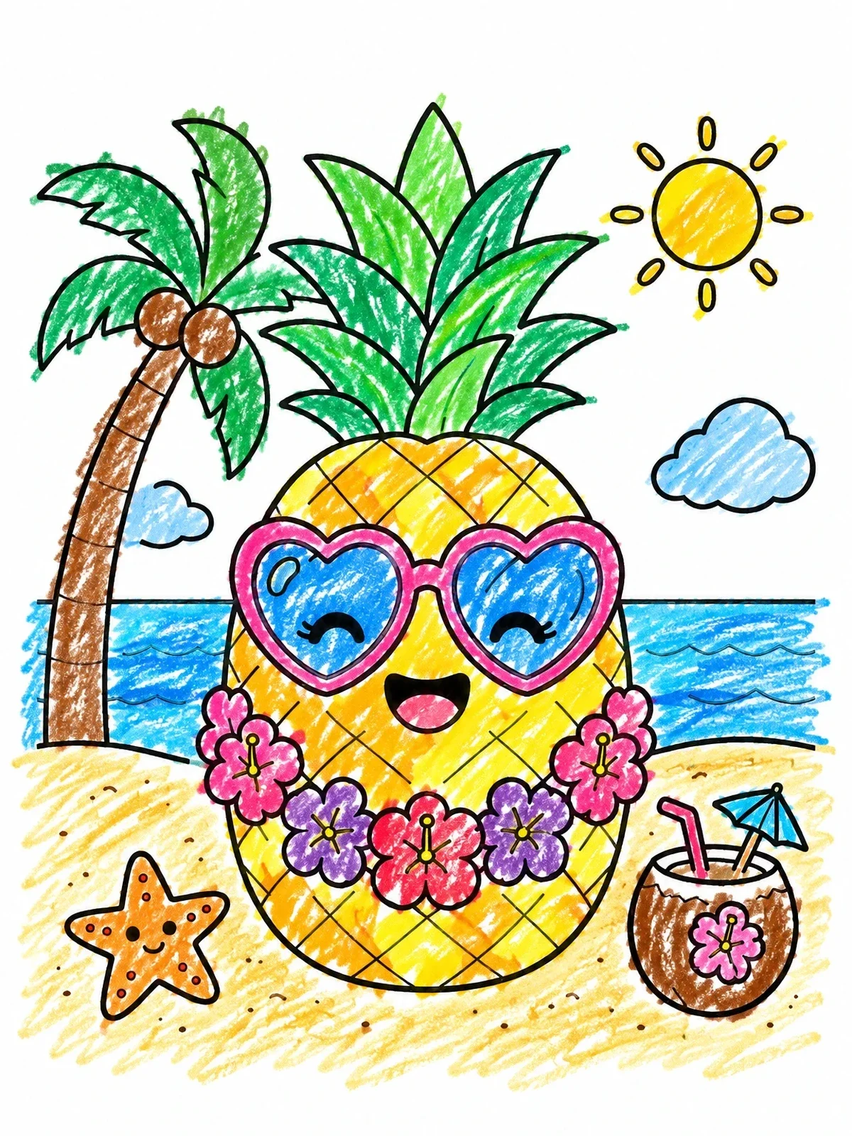 Colored example of the Cute Pineapple On The Beach coloring page