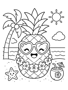 A smiling tropical pineapple in heart sunglasses on a summer kawaii coloring page.