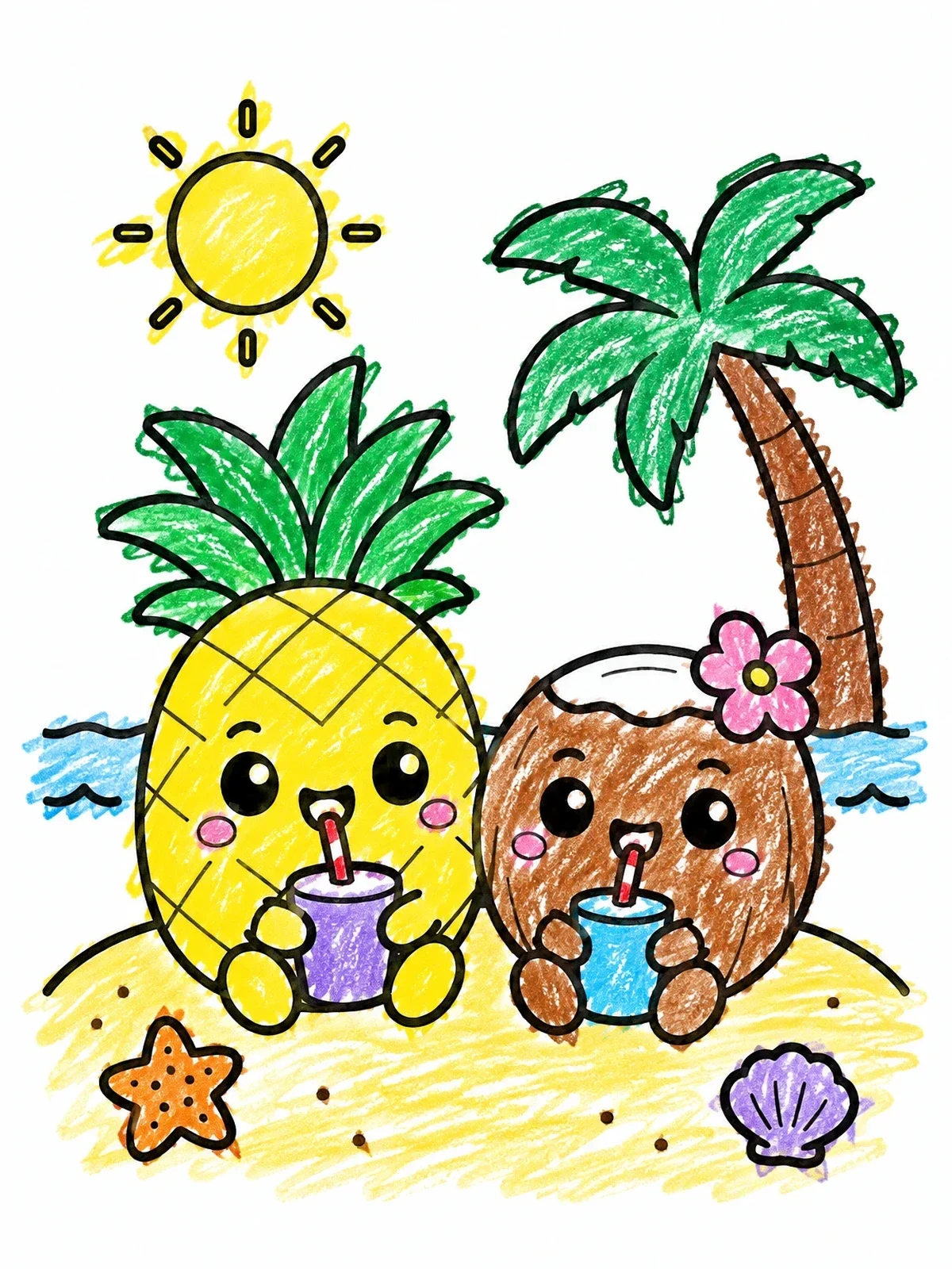 Colored example of the Cute Pineapple And Coconut On The Beach coloring page