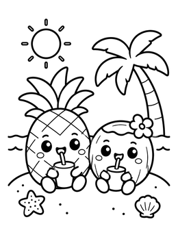 Free printable Cute Pineapple And Coconut On The Beach coloring page