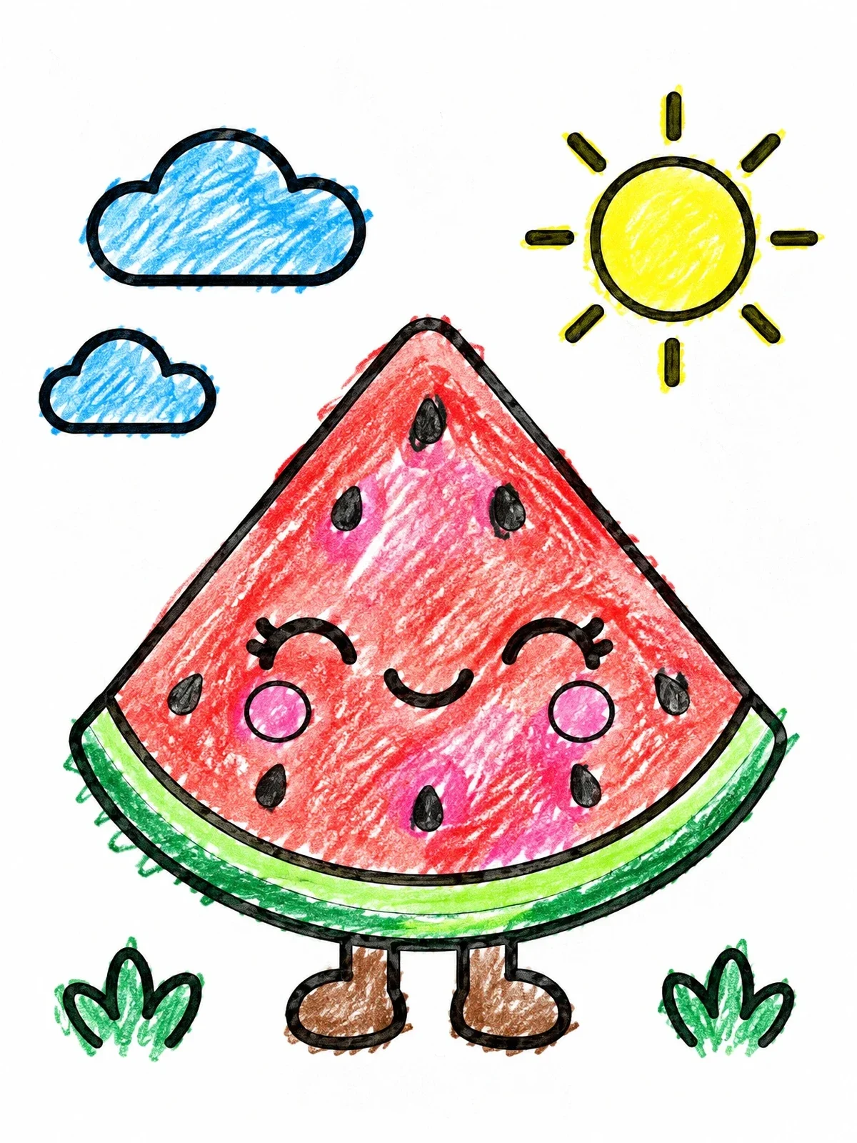 Colored example of the Cute Smiling Watermelon Slice coloring page
