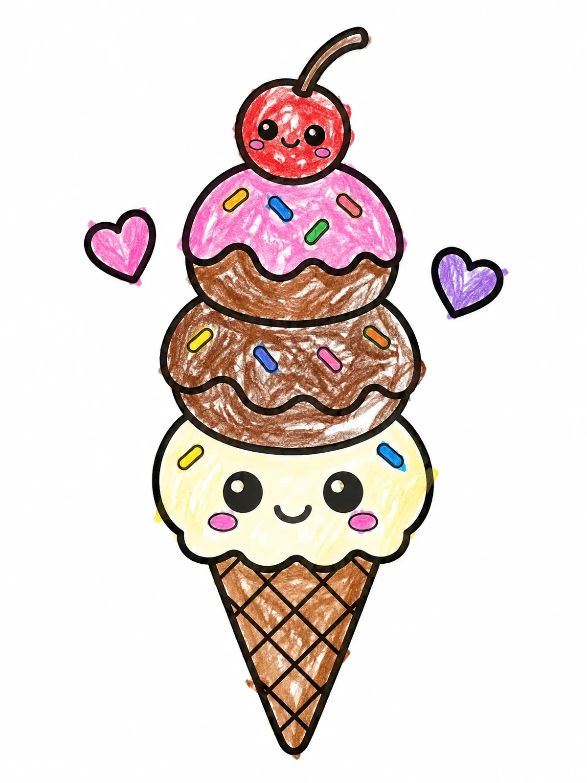 Colored example of the Cute Stacked Ice Cream Cone coloring page
