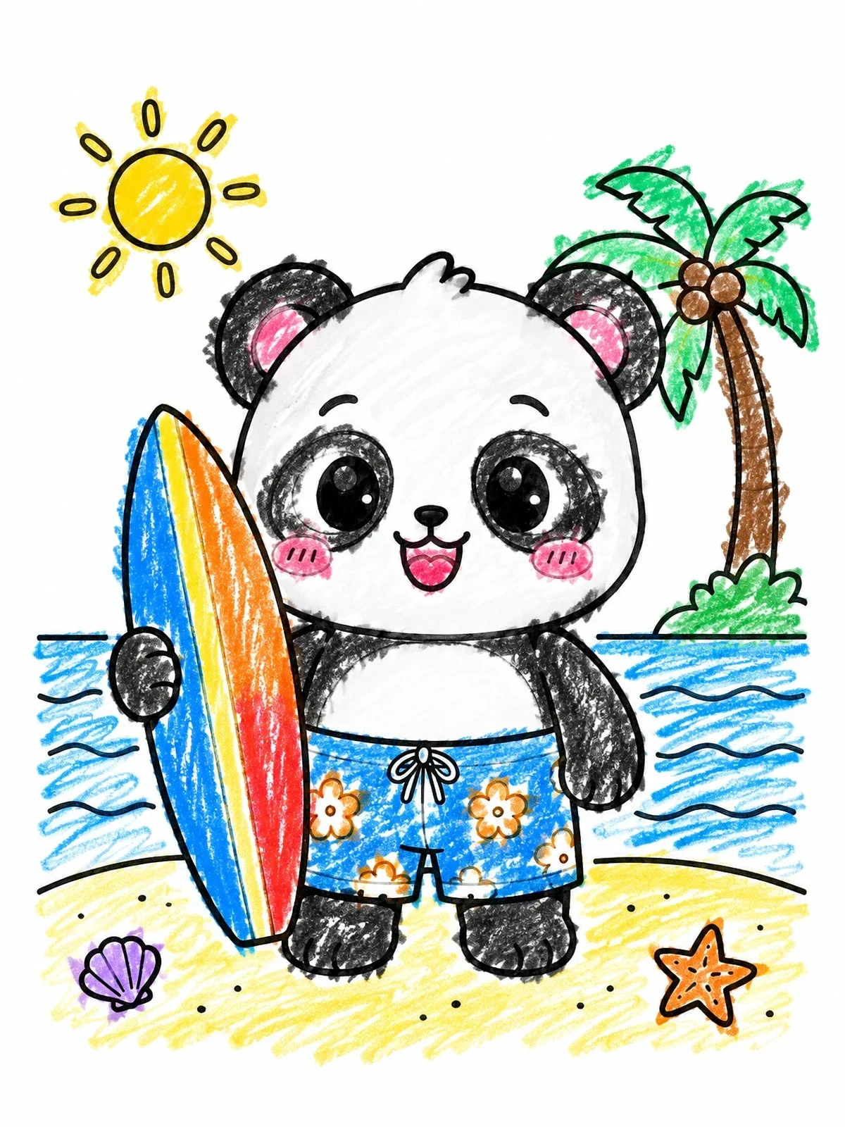Colored example of the Cute Surfer Panda On The Beach coloring page