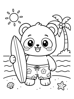 A happy bear on the beach with a surfboard on this summer kawaii coloring page.