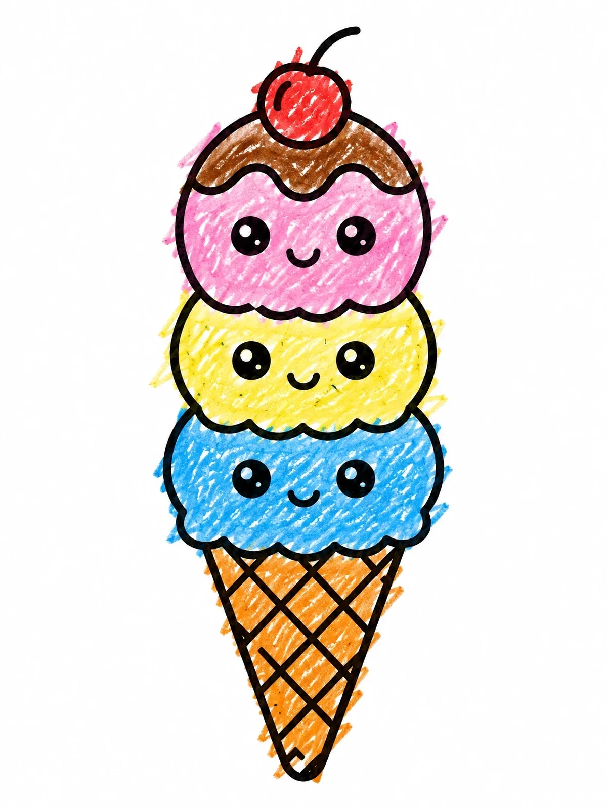 Colored example of the Cute Triple Scoop Ice Cream Cone coloring page