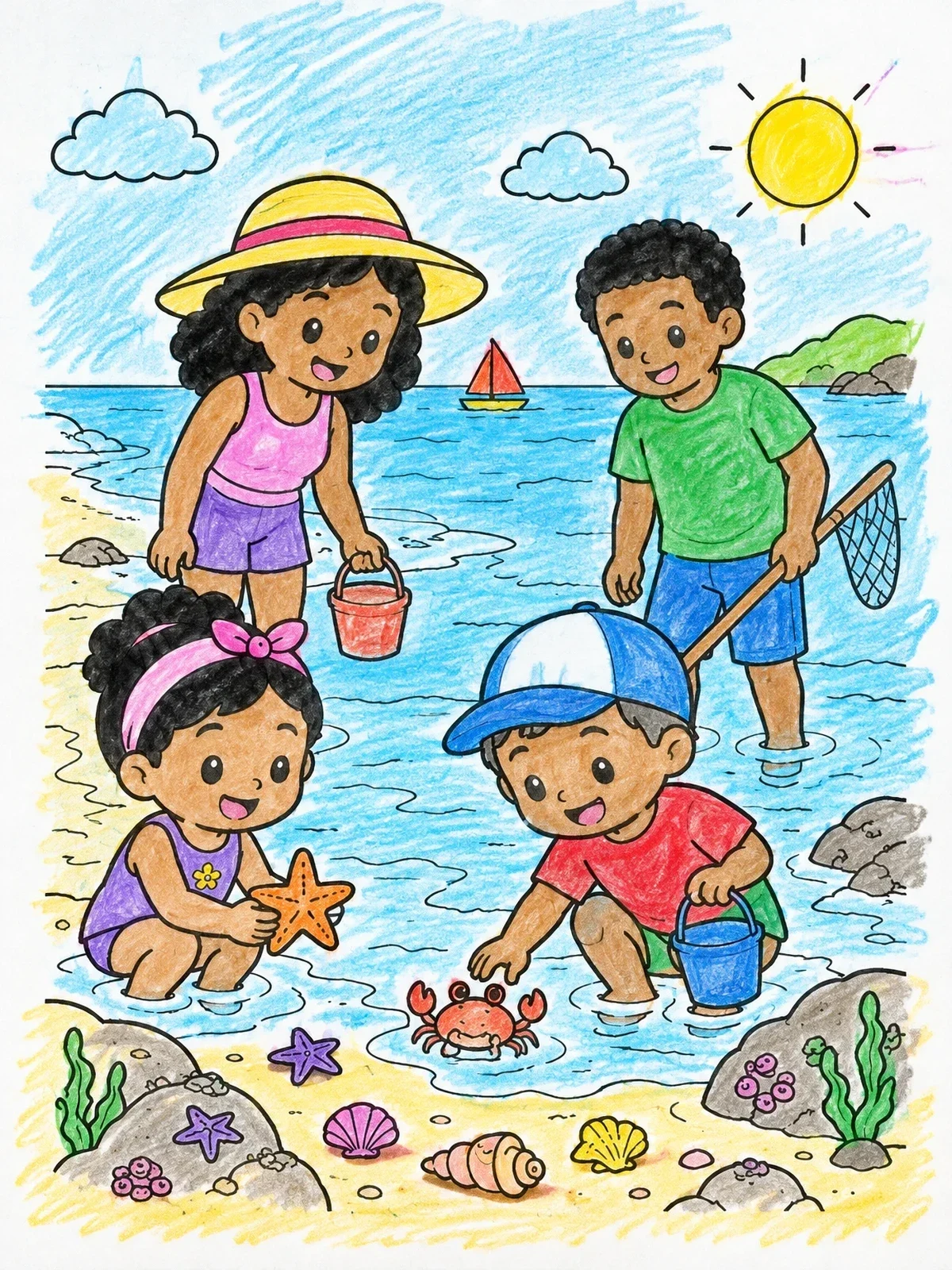 Colored example of the Family Exploring The Ocean Shoreline coloring page