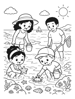 Free printable Family Exploring The Ocean Shoreline coloring page