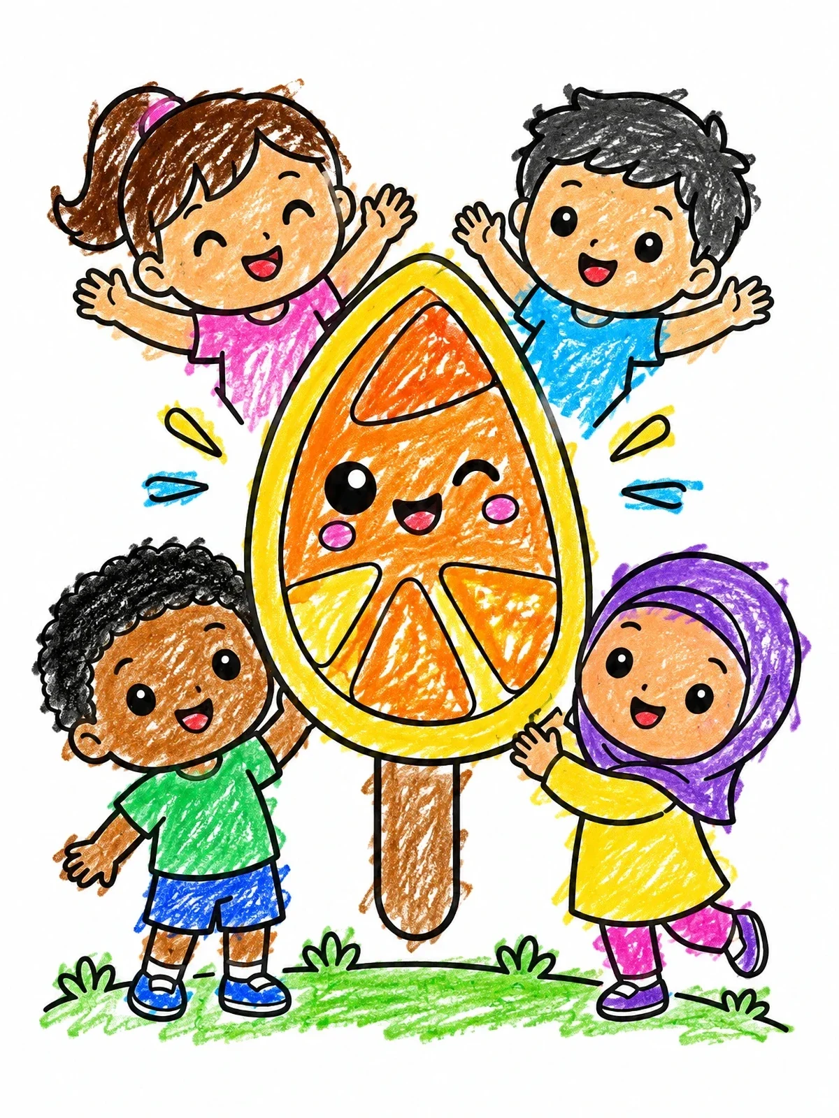 Colored example of the Happy Kids Around Giant Popsicle coloring page