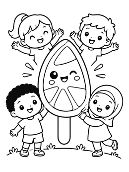 A summer kawaii coloring page featuring cheerful children gathered around a giant smiling fruit popsicle.