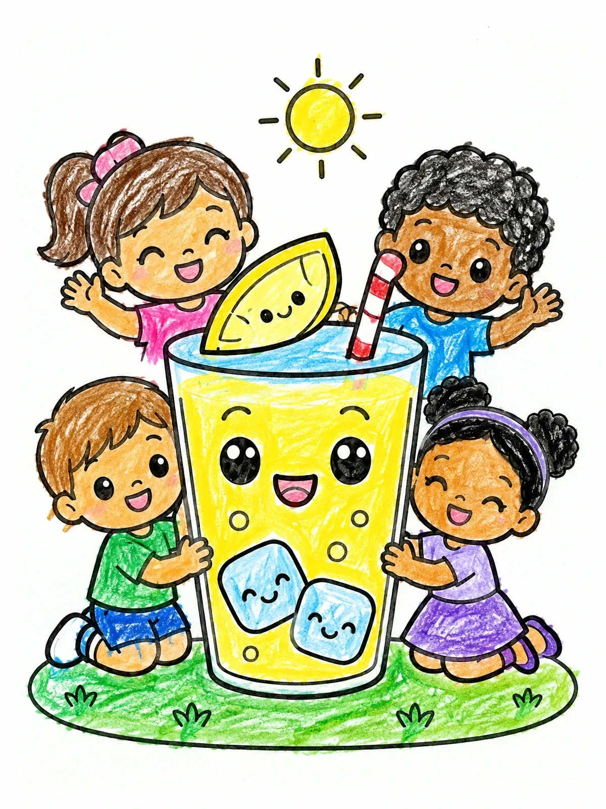Colored example of the Happy Kids With Giant Lemonade coloring page