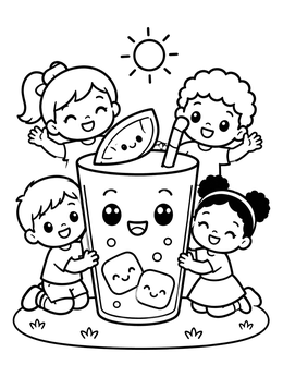 Happy Kids with Giant Lemonade coloring page
