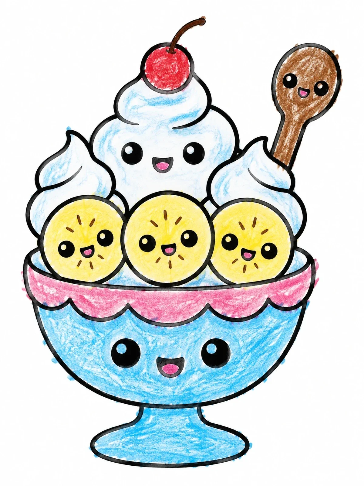 Colored example of the Kawaii Ice Cream Sundae Bowl coloring page