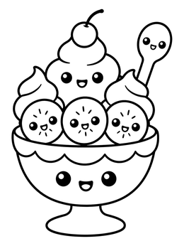 A cheerful summer kawaii coloring page featuring an ice cream sundae bowl with smiling fruit and a spoon.