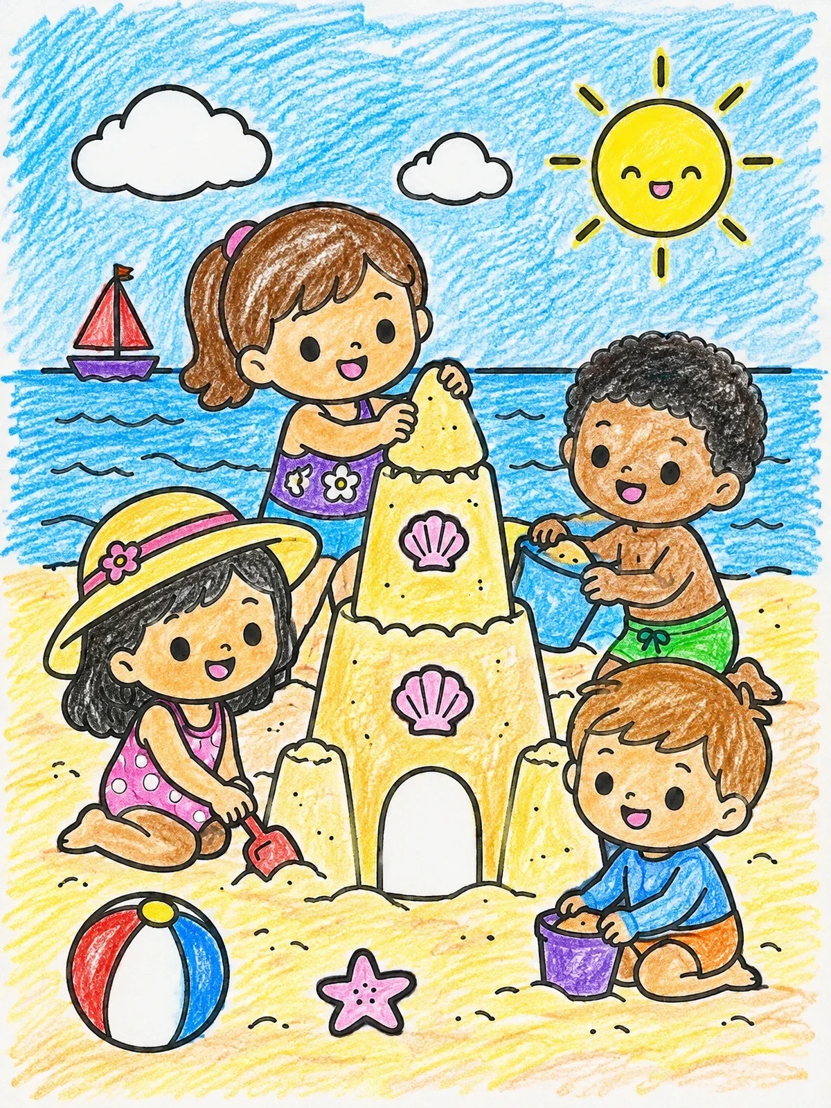 Colored example of the Kids Building A Sandcastle At The Beach coloring page