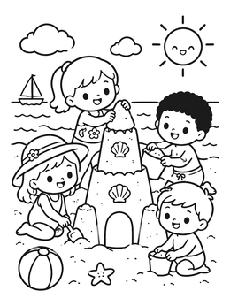 Free printable Kids Building A Sandcastle At The Beach coloring page