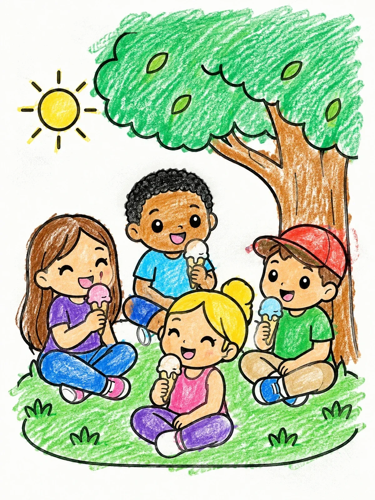 Colored example of the Friends Eating Ice Cream Under A Tree coloring page