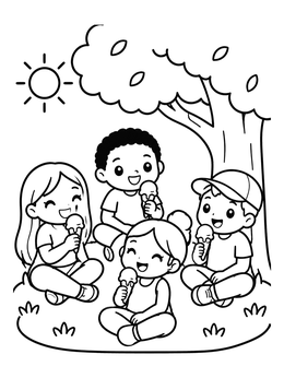 Free printable Friends Eating Ice Cream Under A Tree coloring page